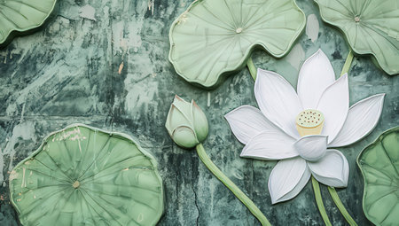White lotus and green lotus leaf on grunge background.の素材