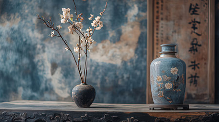 Vintage vase with japanese style painting on wooden tableの素材