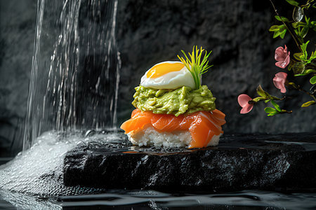 Salmon and avocado with poached egg on black stone background.の素材