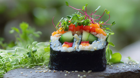 Sushi roll with salmon, cucumber, avocado and microgreensの素材