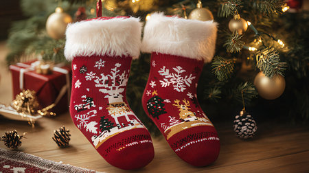 Christmas socks on the background of a Christmas tree. Christmas concept.の素材