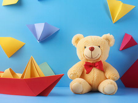 Teddy bear with origami paper boats on blue background. Minimal concept.の素材