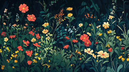 Summer meadow with wild flowers. Vector illustration in retro style.の素材