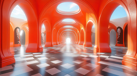 3d render of a corridor with red arches and blue skyの素材
