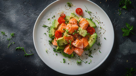 Salmon salad with avocado, cherry tomatoes and parsley on dark backgroundの素材