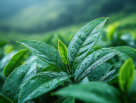 Green tea leaves with rain drops in the morning. Nature background.の素材