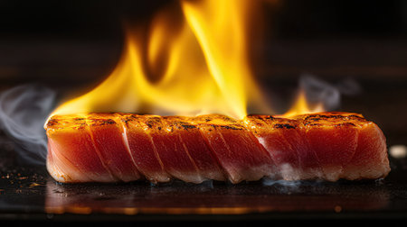 Close-up of salmon on a black plate with flames in the backgroundの素材