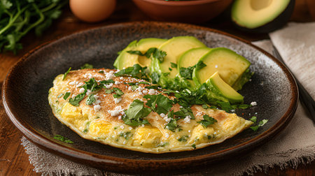 Omelet with avocado and parsley on a dark plate.の素材