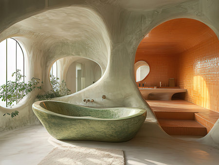 Interior of modern bathroom with bathtub. 3D render.の素材