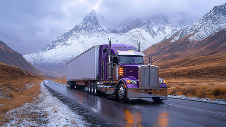 truck on the road with mountains in the background. 3d renderingの素材