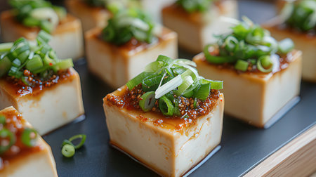 Tofu with sesame seeds and scallion on black plateの素材