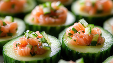 Appetizer with salmon and cucumber. Close up. Selective focus.の素材