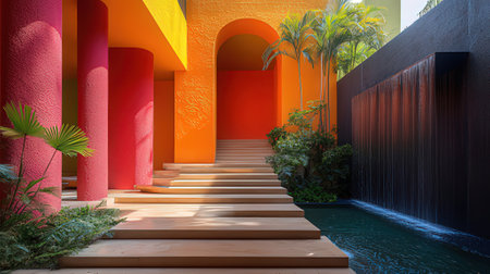 Colorful corridor with stairs leading to the pool. 3D renderingの素材