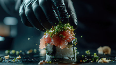 Close-up of a chef's hand in black gloves decorating a sushi roll with salmon.の素材