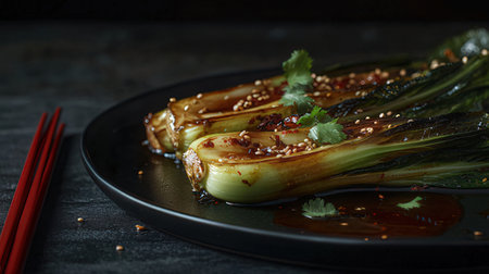 Korean food, kimchi with sesame on black plateの素材