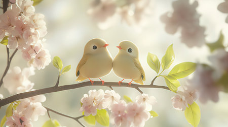 Cherry blossoms and two birds in spring time. Spring background.の素材