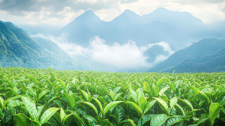 Green tea plantation in the morning. Beautiful natural landscape with mountains and clouds.の素材