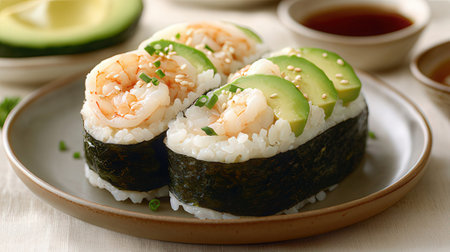 Sushi rolls with shrimps, avocado and soy sauce.の素材