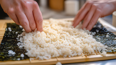 Close-up of woman's hands making sushi in a Japanese restaurantの素材