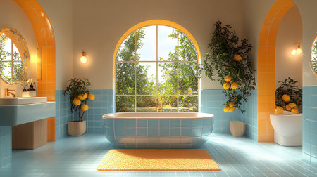 Bathroom interior with bathtub and panoramic window - renderingの素材
