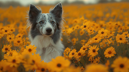 Border collie dog in a field of daisies at sunsetの素材