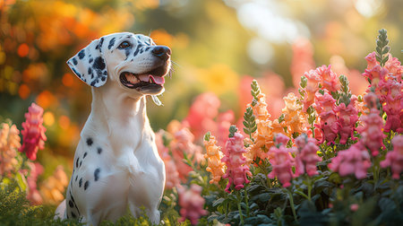 Dalmatian dog sitting in the garden with colorful flowers.の素材