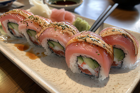 Sushi roll with salmon and cucumber on a plate in a Japanese restaurantの素材