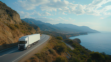 Truck on the road with beautiful landscape on the background. 3d renderingの素材