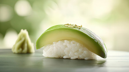 Rice ball with avocado on table against blurred background, closeupの素材