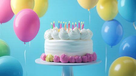 Birthday cake with candles and balloons on blue background, 3d renderの素材