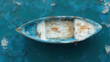 Abandoned fishing boat in the sea. Top view of old boatの素材