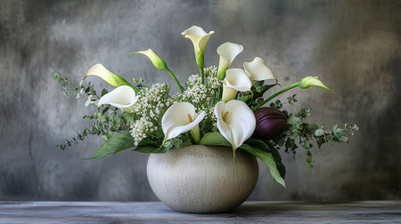 Bouquet of calla lilies in a vase on a wooden tableの素材