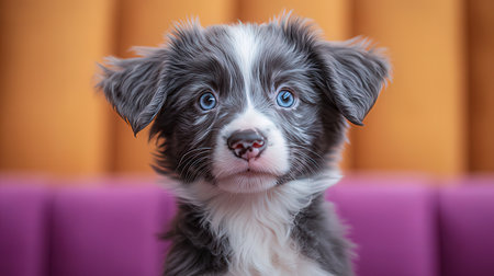 Funny portrait of cute smiling puppy with big blue eyesの素材