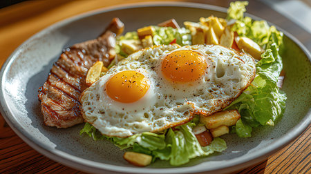 fried eggs with potatoes and vegetables on a plate on a wooden tableの素材