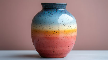 Colorful ceramic vase on a white table against a pink backgroundの素材