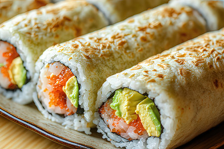 Sushi rolls with salmon, avocado and cream cheese. Japanese foodの素材