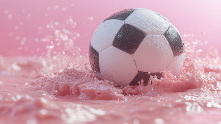 Soccer ball in the splashes of water on a pink backgroundの素材