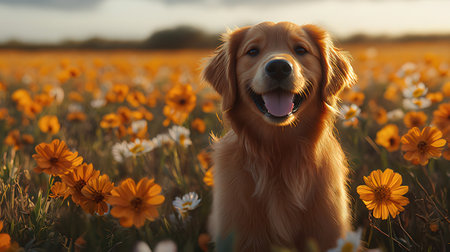 Golden Retriever in the field of daisies at sunsetの素材