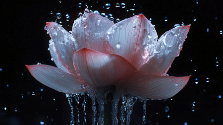 Beautiful lotus flower in water on black background, close upの素材
