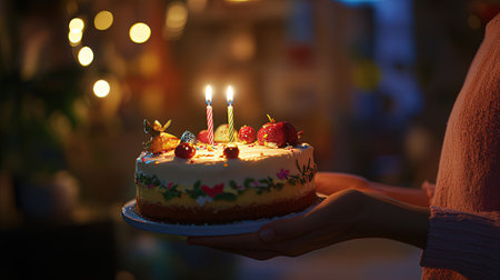 Birthday cake with candles in female hands on blurred background, closeupの素材