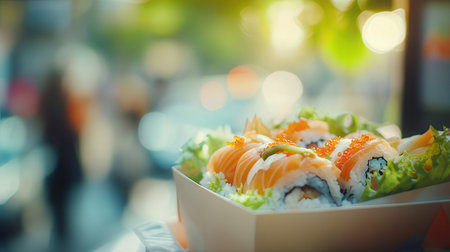 Sushi roll japanese food in take away box on tableの素材