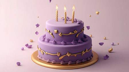 Purple birthday cake with candles and confetti. 3D renderingの素材