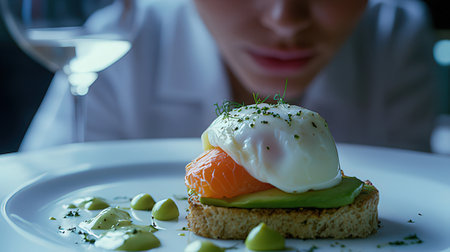 Poached egg with avocado and salmon on toast. Healthy breakfast.の素材