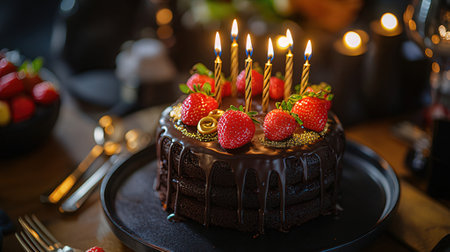 Chocolate cake with strawberries and candles on a wooden table in a restaurantの素材