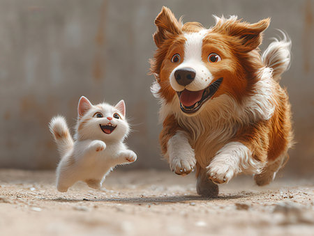 Dog and cat playing together. Dog and cat playing together. Pet love conceptの素材
