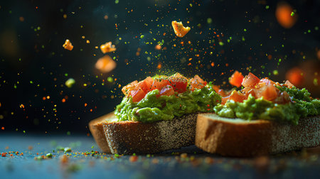 Avocado toast with salmon and tomatoes on a black background. Selective focus.の素材