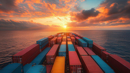 Container Cargo freight ship with working crane bridge at sunset for Logistic Import Export backgroundの素材