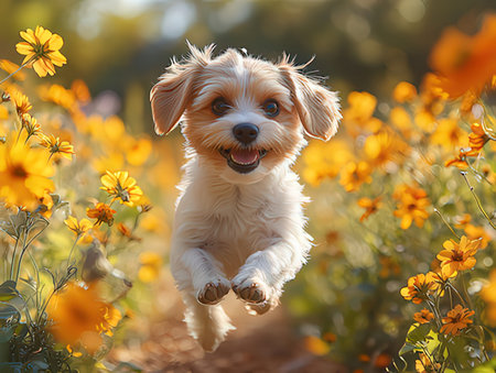 Cute little mixed breed dog jumping in the field of yellow flowersの素材