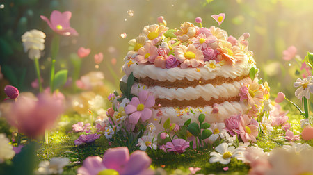 Wedding cake decorated with flowers in the garden. 3d renderingの素材