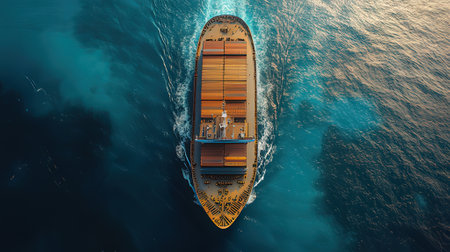 Aerial view of a cargo ship sailing in the open sea.の素材